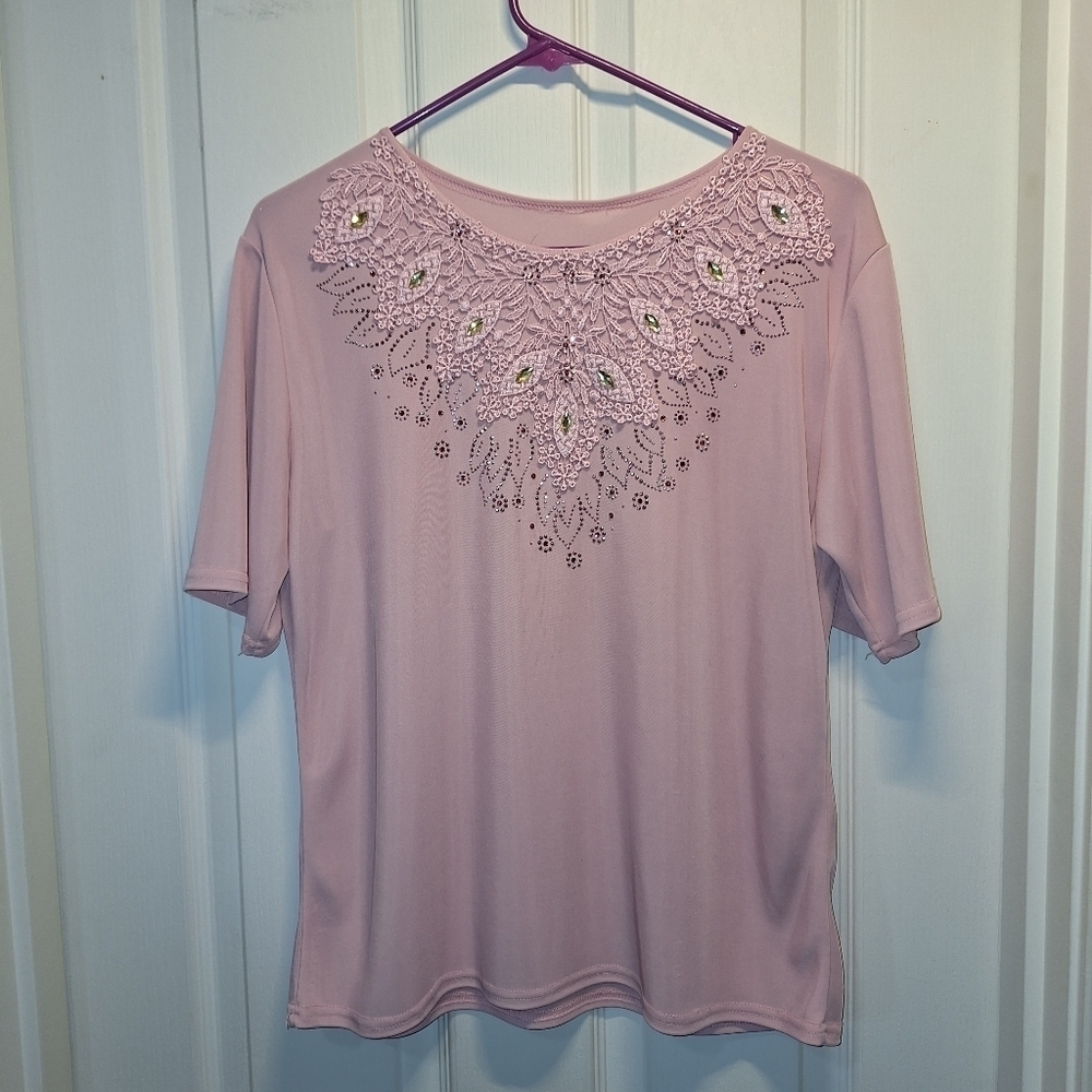 Pink Lace Embellished Jeweled Top XL